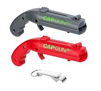 通用 Abridor de botellas Cap Gun 2 paquetes de cerveza, abrebotellas, cierre de botellas, pistola de lanzador, pistola para tapa de cerveza, para casa, bar, fiesta (gris + rojo)