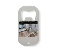 Abridor de botellas de acero inoxidable con texto en inglés "Working from Home with Cats", color plateado