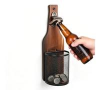 Abridor de cerveza de pared con colector de tapas de corona, 25 cm, abrebotellas de pared vintage, abridor de botellas de madera con recipiente colector de metal para bar, fiesta, cocina, aire libre