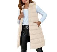 Abrigo acolchado para niña, abrigo largo de invierno, sin mangas, chaleco acolchado ligero, con cremallera, chaleco con capucha, chaleco de color sólido, abrigo clásico y cómodo para niñas, beige, 140