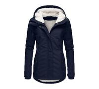 Abrigo Anorak Mujer Invierno Con Capucha Y Cuello De Falso Piel, Chaqueta Acolchada Manga Larga, Longitud Media (Azul marino,S)