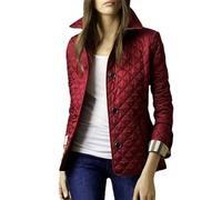 Abrigo Chaqueta Top de las mujeres Solapa Otoño e Invierno Clásico Abrigo a cuadros Ropa de un solo pecho Algodón Mangas completas, Rojo vino, XXXL