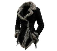 Abrigo de ante retro para mujer, con cuello de piel y solapa, estilo mendigo, estilo mendigo, informal, para invierno, Negro, XL