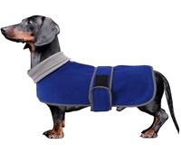 Abrigo de Forro Polar para Perro Salchicha - Ropa en Miniatura Con Cierre de Velcro y Seguridad de Rayas Reflectantes de Alta Visibilidad - Azul - M