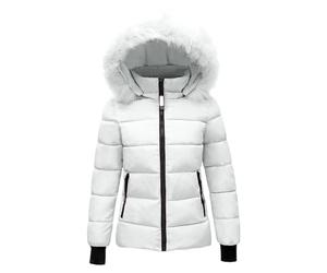 Abrigo de invierno cálido con capucha para mujer, chaqueta acolchada de algodón con capucha en la cintura, abrigo exterior de felpa para esquí, snowboard, chaqueta anorak para mujer, blanco, L