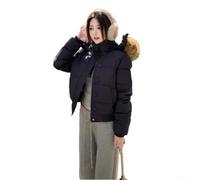 Abrigo de invierno con capucha para mujer con cuello sintético hecho de mezcla de algodón de plumón para calidez y comodidad en climas fríos (L negro)