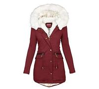 Abrigo de invierno para mujer con pelo, longitud media, cálido, parka de invierno, monocolor, chaqueta de forro polar entallada, elegante chaqueta acolchada de entretiempo, X04-Vino Rojo, XXL