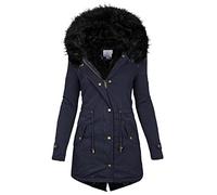 Abrigo de invierno para mujer con pelo, longitud media, cálido, parka de invierno, monocolor, chaqueta de forro polar entallada, elegante chaqueta acolchada de entretiempo, X02-dark blu, S