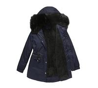 Abrigo de invierno para mujer con pelo, longitud media, cálido, parka de invierno, monocolor, chaqueta de forro polar entallada, elegante chaqueta acolchada de entretiempo, X01-Marine, XXL