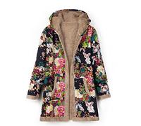 Abrigo de invierno para mujer étnico estampado con capucha empalmador abrigo medio para mujer, Negro , L