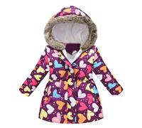 Abrigo de invierno para niñas con estampado de dibujos animados espesar a prueba de viento cremallera chaqueta cálida Outwear para niños pequeños, Color morado oscuro., 5-6 años