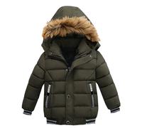 Abrigo de invierno para niños, chaqueta de forro polar impermeable de longitud media, ropa acolchada gruesa con capucha de piel sintética para niños, elegante parka acolchada, verde, 7-8 años