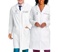 Abrigo de laboratorio personalizado para hombre y mujer, abrigo médico personalizado con icono, nombre, foto, unisex, manga larga, Blanco, Small