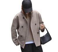 Abrigo de lana de poliéster para mujer con doble botonadura frontal, cuello alto, ropa de abrigo corta y manga larga (S caqui)