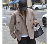 Abrigo de lana para mujer con cuello alto, doble botonadura frontal y manga larga para otoño e invierno (M caqui)