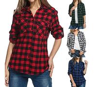 Abrigo de mujer de talla grande - Camisa anti UV para mujer Blusa solapa Blusas a cuadros Top con bolsillo y botón Top corto Loungewear 2025 nueva ropa diaria camisa manga larga Top, verde, XXL