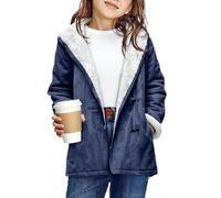 Abrigo de terciopelo para niñas, con capucha, forro polar, grueso, cálido, informal, parka, color liso, con forro de sherpa, gabardina de gran tamaño (azul marino, 13-14 años)