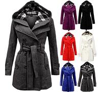 Abrigo largo con capucha para mujer, elegante, de un solo color, con solapa, cálido forro, dos filas, con cinturón, otoño e invierno, abrigo largo, chaqueta ligera para exteriores, parka, rojo, M