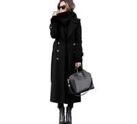 Abrigo Largo con Cuello con cinturón y Doble Botonadura a la Moda de Invierno para Mujer Abrigo de Lana Forrado hasta la Rodilla de Color sólido Ajustado a Prueba de Viento (Negro,S)