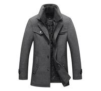 Abrigo largo de lana con cremallera y doble cuello de longitud media, B-Grey, L