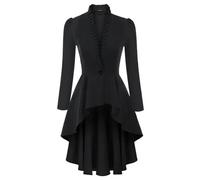 Abrigo largo para mujer Abrigo con dobladillo alto y bajo Steampunk Manga larga abullonada Cuello alto Cuello en V Elegante Club Fiesta Noche Casual Top-Negro-XXL