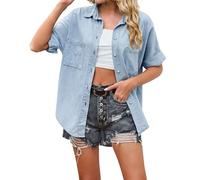 Abrigo Mujer Corto-Camisa Vaquera Informal De Verano con Botones Y Manga Corta para Mujer, con Bolsillos
