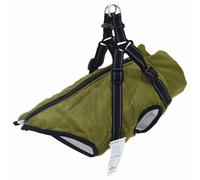 Abrigo para perro verde oliva con arnés integrado, forro polar y poliéster, reflectante para visibilidad, L32 - Contorno de pecho 44 cm, contorno de cuello 32 cm, longitud de espalda 32 cm
