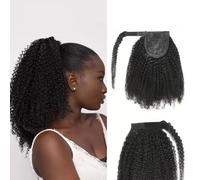 Abrigo rizado rizado afro de la cola de caballo #1B alrededor de la extensión, pelucas de mirada naturales del cabello humano 80g/piece Wear and Go(18 inch)