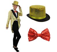Abrigo trasero de lentejuelas doradas + lentejuelas rojas + gorro de lentejuelas doradas, perfecto para escenarios y películas, disfraz de halloween, vestido de fantasía, pequeño