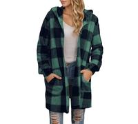 Abrigos cálidos genéricos para mujer para otoño e invierno chaqueta casual con capucha de lana a cuadros sueltos gabardina con bolsillos Cárdigan casual y minimalista, verde, L