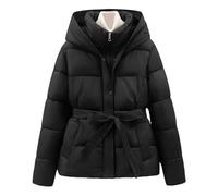 Abrigos de invierno acolchados para mujer, chaqueta acolchada con cinturón, capucha ligera, con abertura frontal, abrigos cruzados de plumón, color negro, talla grande
