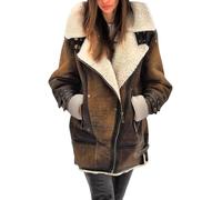 Abrigos de invierno para mujer - Chaqueta de piel sintética con forro polar Sherpa de gamuza gruesa, abrigo de moto cálido de piel sintética con cremallera, abrigo vintage de lana de oveja, caqui, XXL