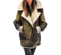 Abrigos de invierno para mujer - Chaqueta de piel sintética con forro polar Sherpa de gamuza gruesa, abrigo de moto cálido de piel sintética con cremallera, abrigo vintage de lana de oveja, verde, XXL