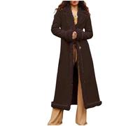 Abrigos largos de invierno para mujeres con forro de sherpa mullido, abrigo de trinchera, abrigos de invierno forrados con ribete de piel de ante con sherpa mullido, abrigos de cuero, café, S