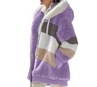 Abrigos mullidos con capucha para mujer, cárdigan de retazos de forro polar, chaqueta con capucha para mujer, chaqueta con capucha de color empalmado, abrigo de felpa holgado con bolsillos con
