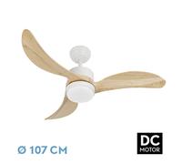 Abrila - Ventilador DC BEMBEZAR | Color Blanco con tres Aspas en Color Haya | con 6 Velocidades Ajustables | con 3 Temperaturas de Luz | Mando a Distancia Incluido