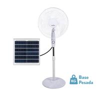 ABRILA - Ventilador de Pie Solar DC FRONTERA | Color Blanco con cinco Aspas | 3 Velocidades Ajustables | Incluye un Panel Solar | Equipado con Puerto USB y Mando a Distancia | Cabezal 2 Funciones