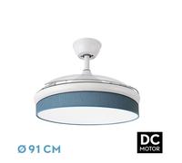Abrila - Ventilador DC MODA | Color Blanco con tres Aspas Desplegables ABS y Difusor Azul | 6 Velocidades Ajustables | 3 Temperaturas de Luz | con Temporizador y Mando a Distancia Incluido