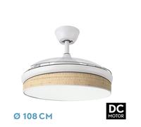 Abrila - Ventilador DC MODA | Color Blanco con tres Aspas Desplegables ABS y Difusor Cañizo Claro | 6 Velocidades Ajustables | 3 Temperaturas de Luz | con Temporizador y Mando a Distancia Incluido