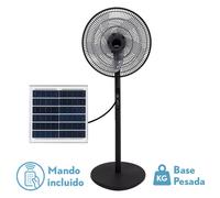 ABRILA - Ventilador de Pie Solar DC RIALTO | Color Negro con cinco Aspas | 3 Velocidades Ajustables | Incluye un Panel Solar | Equipado con Puerto USB y Mando a Distancia | Cabezal 2 Funciones