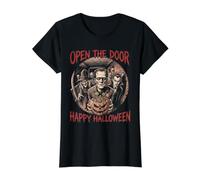 Abrir la Puerta Feliz Halloween Monstruos Truco Tratar Camiseta gráfica económica, Mujer, Negro, S