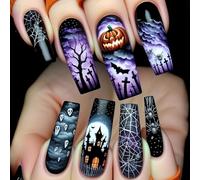 ABS Halloween False Nails 24Pieces Bat Pumpkin Art Almond Fake Nails for Women Party Wear Light Durability Long Length Halloween Nail ABS