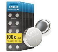 ABSINA 100x Pilas botón AG12 LR43 - Pilas alcalinas de 1,5 V LR43, a Prueba de Fugas y de Larga duración - LR 43/186 / LR1142 / L1142 / V12GA / GPA76 / RW84 - Pila botón LR43