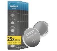 ABSINA 25x Pilas Boton CR1220 3V - CR 1220 Pilas para Reloj Swatch antifugas & Larga duración - Pila Boton 3 voltios para Llaves de Coche, Reloj y más