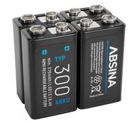 ABSINA 4X Pilas 9V Recargables 300 con Baja Autodescarga - Pila 9V de Bloque NiMH con 8,4V y al Menos 270mAh - Pila 9V Recargable, 9V Battery, bateria 9V, Pila 9V 6LR61, Pila Recargable 9V, 6F22 9V