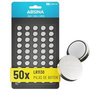 ABSINA 50x AG10 LR1130 Pilas de Boton 1,5V alcalina - Pila Boton AG10 a Prueba de Fugas y de Larga duración - LR54 / V10GA / RW49 / G10A / 189 / GP189 / L1130 / 89A