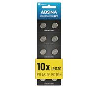 ABSINA AG10 LR1130 Pilas de Boton 1,5V alcalina | Paquete de 10 - Pila Boton AG10 a Prueba Fugas y Larga duración - LR54 / V10GA / RW49 / G10A / 189 / GP189 / L1130 / 89A