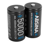 ABSINA Baterías Recargables C Baby LR14 5000 con Baja Autodescarga | Paquete de 2 - Pilas C NiMH con 1,2V y al menos 4500mAh - Pila Recargable Baby C, batería tipo C, type C
