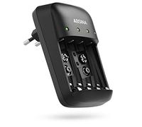 ABSINA Cargador de batería AA AAA y 9 V - NiMH Cargador baterías 4 Compartimentos para Pilas Recargables - Cargador de batería para Pilas AAA, AA y Bloque de 9 V - Cargador de batería