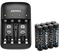 ABSINA Cargador de Pilas AA, AAA y 9V + 8X AAA 1150 Pila - Cargador NiMH para 4 Baterías Recargables - Cargadores de Pilas